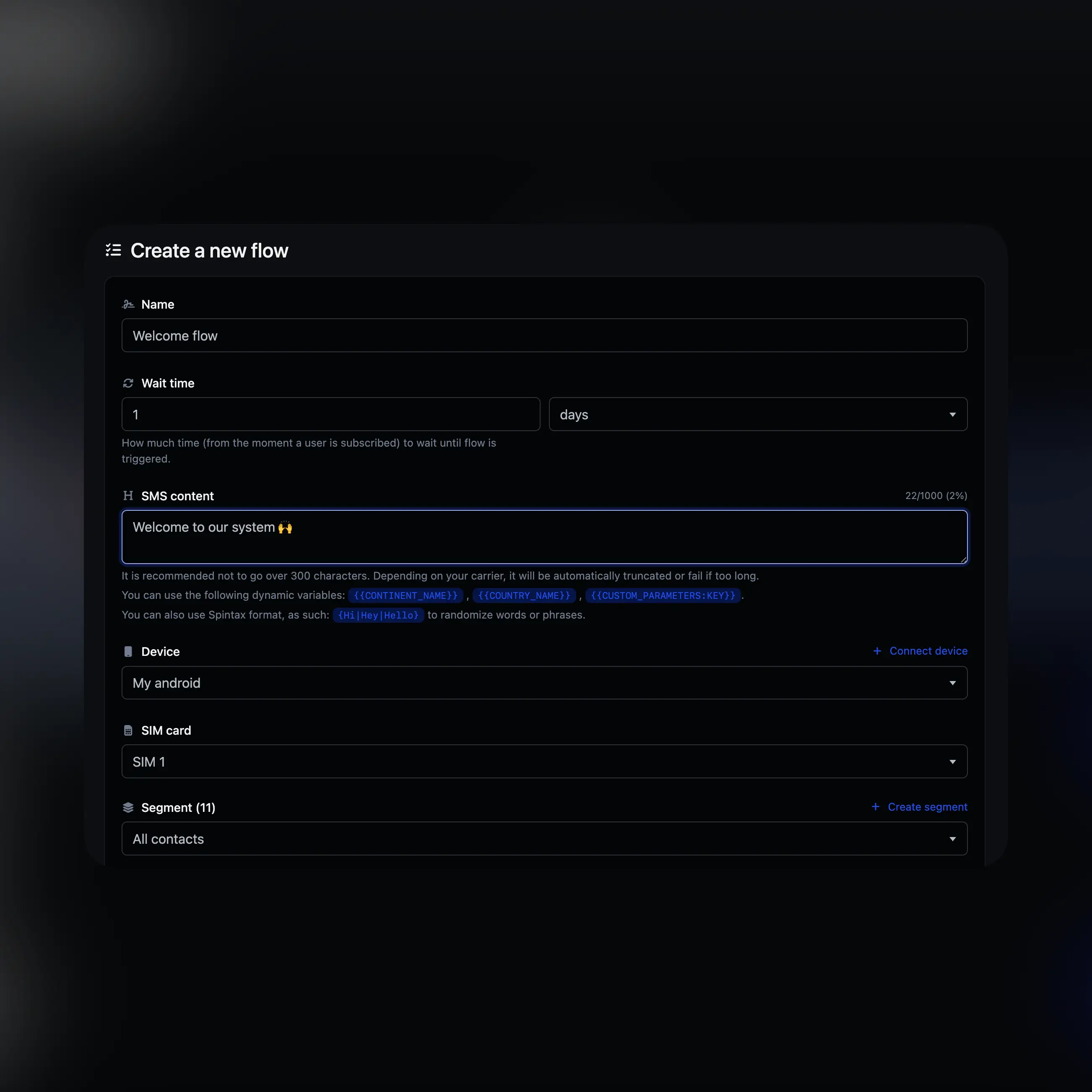 Screenshot della pagina di gestione dei flussi dell'app