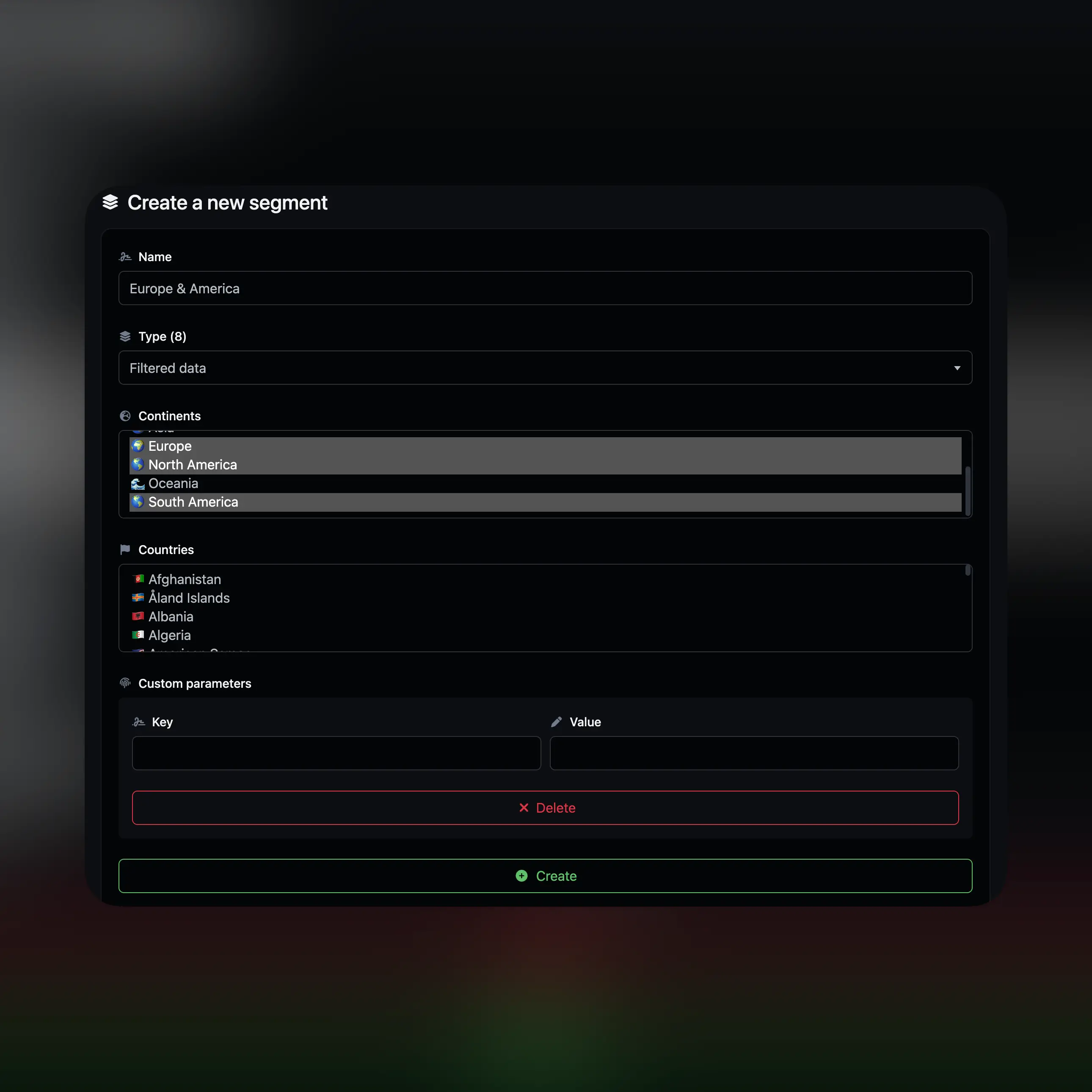 Screenshot della pagina di gestione e modifica dei segmenti dell'app